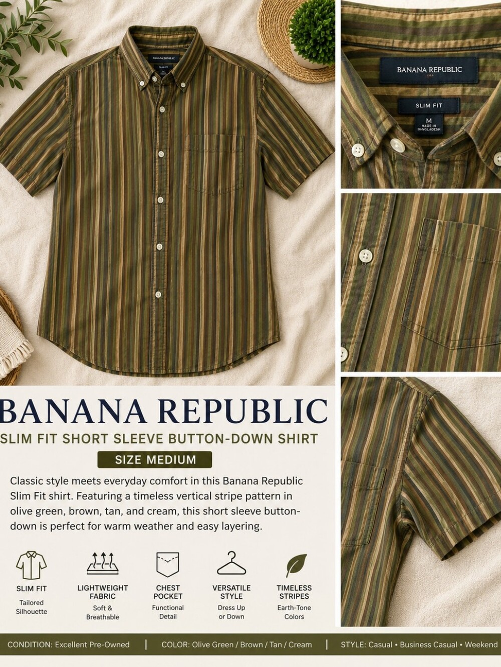 Banana Republic Olive Green Striped Short-Sleeve Button-Down Shirt